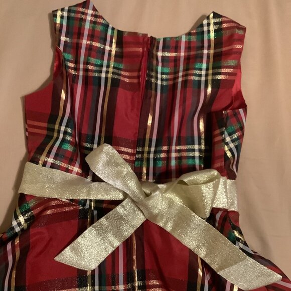 Rare Editions Girls Red Plaid Sleeveless Dress W/ Gold Bow Size 12 Holiday Party - Picture 10 of 10